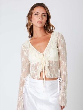🤍Thirty/Thirty Cream Sheer Floral Tie-front Blouse